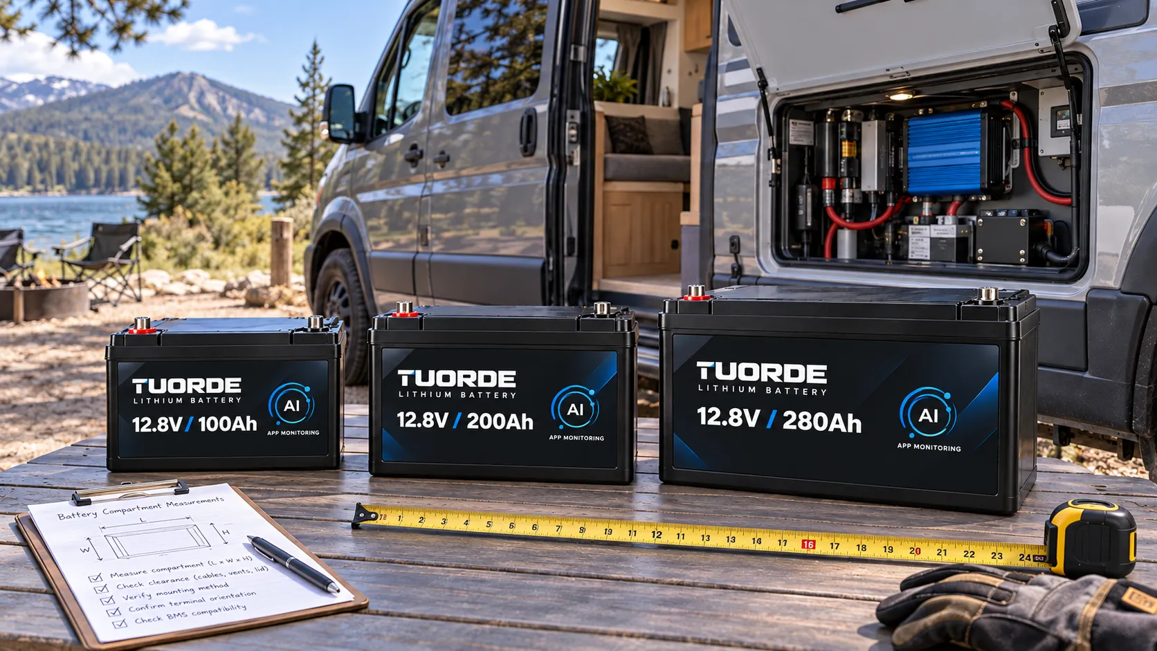 RV Lithium Battery Compatibility Guide For LiFePO4 Upgrades | TUORDE TUORDE RV lithium battery compatibility guide showing LiFePO4 battery sizes, camper van installation space and measurement planning