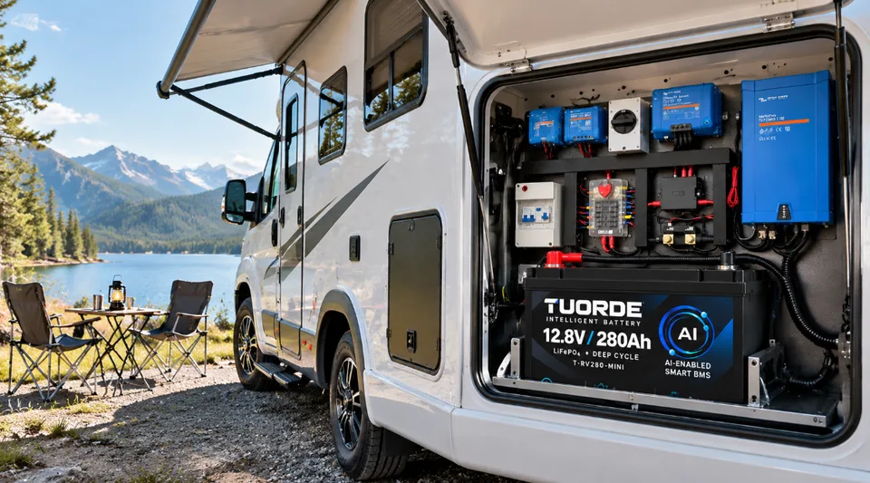 Illustration of a motorhome beside a lake with a TUORDE T-RV280-MINI 12.8V 280Ah LiFePO4 house battery in the electrical compartment