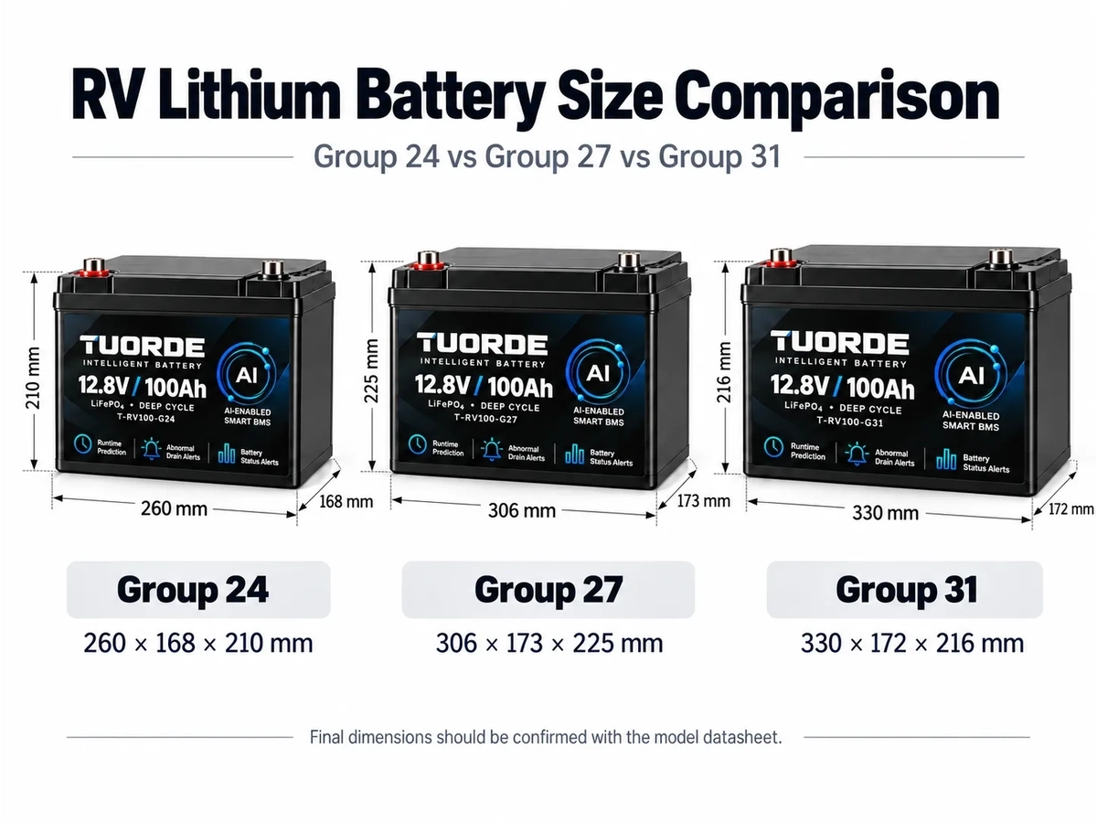 TUORDE RV lithium battery size comparison showing Group 24 Group 27 and Group 31 LiFePO4 batteries with length width and height measurements