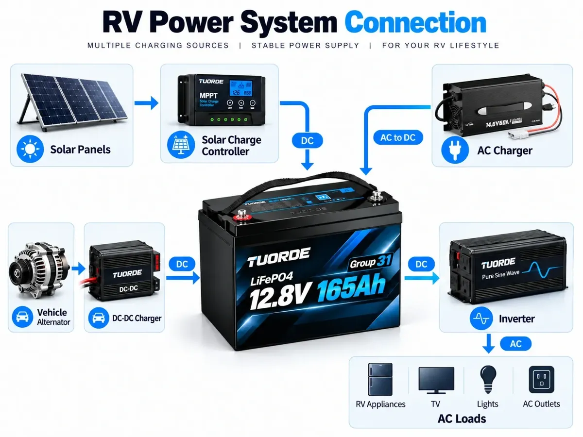 RV lithium battery system illustration with solar panels, MPPT controller, AC charger, alternator, DC-DC charger and inverter.