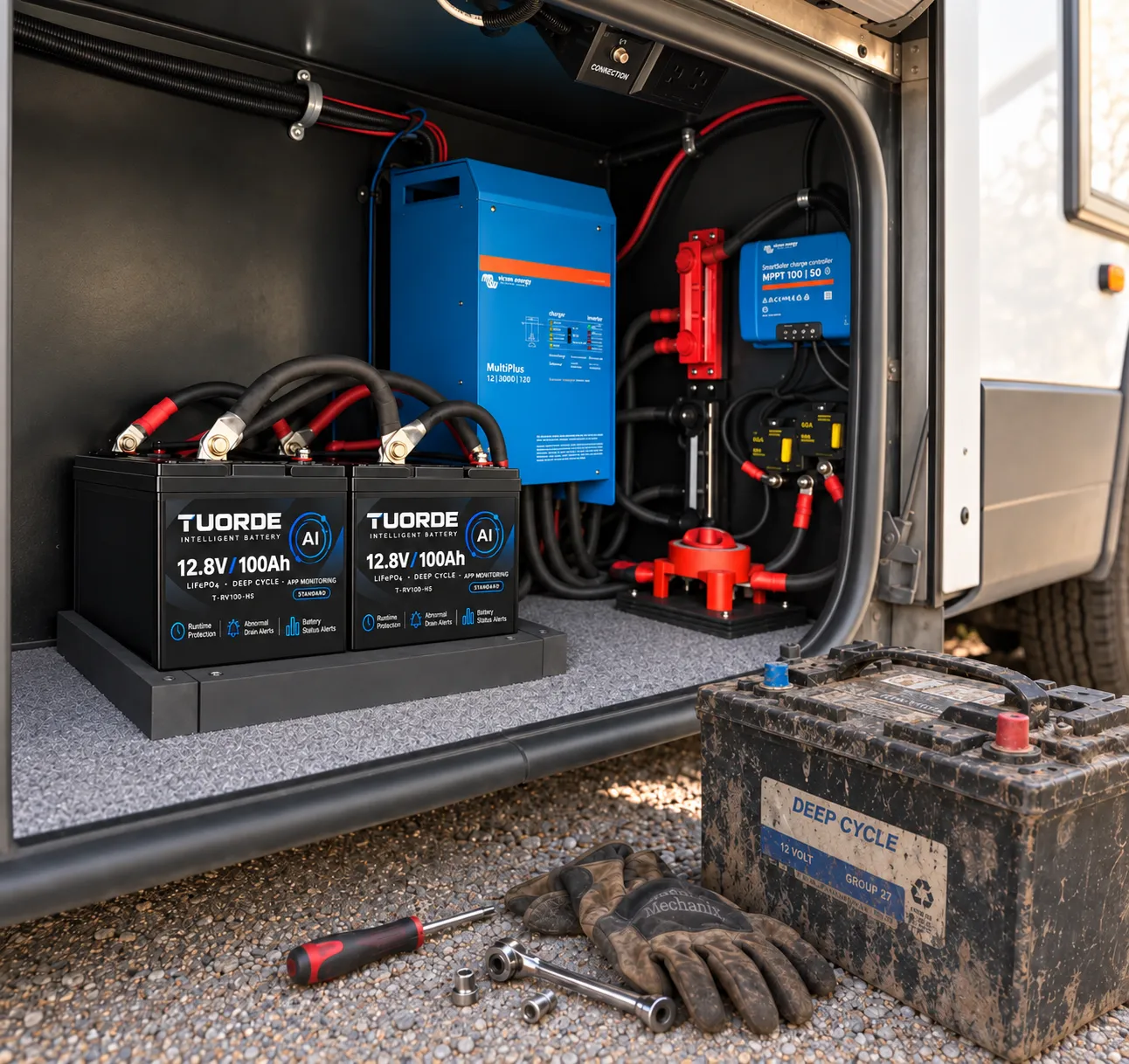 RV Lead Acid To Lithium Battery Upgrade Compatibility | TUORDE TUORDE RV lithium battery upgrade compatibility showing LiFePO4 replacement, removed lead acid battery and RV power system installation