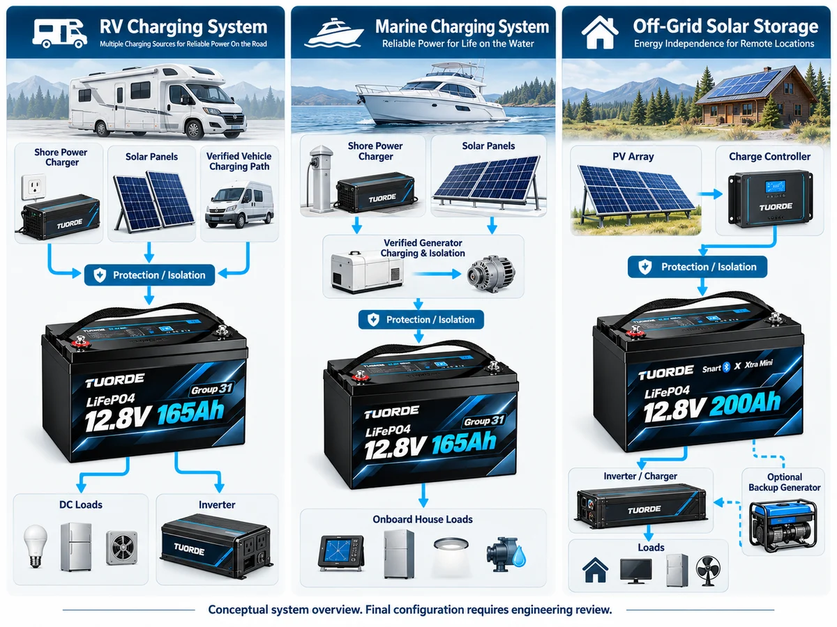 Conceptual overview of RV, marine house battery and off-grid solar charging sources, storage batteries and loads.