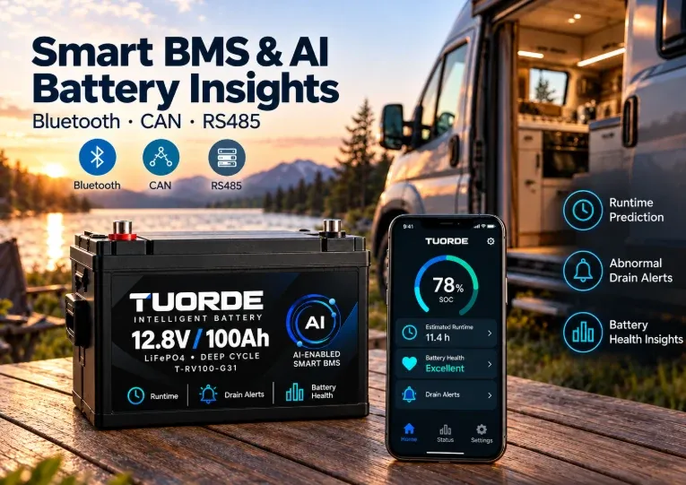 Smart BMS & AI RV Battery Insights With Bluetooth CAN RS485 | TUORDE TUORDE RV LiFePO4 battery with Smart BMS app showing runtime prediction, abnormal drain alerts, battery health insights and Bluetooth CAN RS485 communication