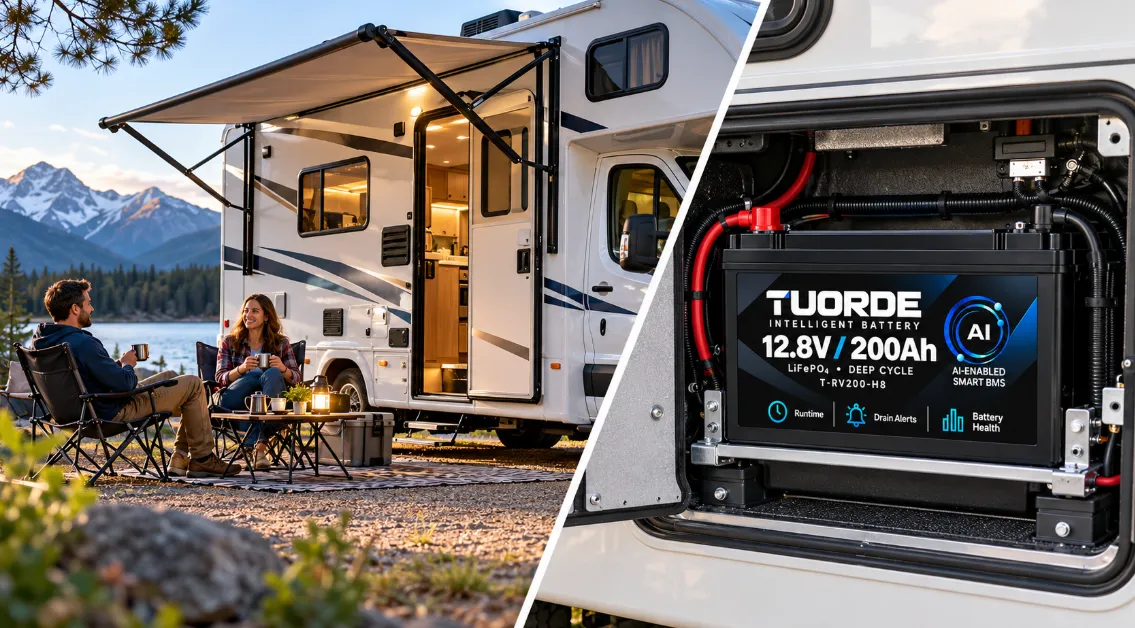 TUORDE RV200-H8 12V 200Ah LiFePO4 RV House Battery Application Application illustration of an RV campsite and TUORDE 12.8V 200Ah LiFePO4 house battery in its battery compartment
