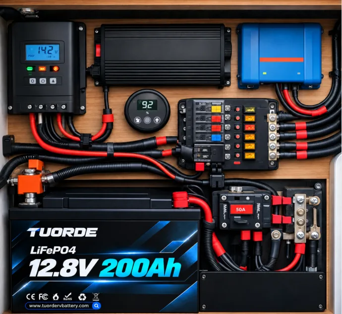 RV Lithium Battery Power Distribution Panel Integration | TUORDE RV lithium battery and power-distribution panel showing charging equipment, wiring and protected DC circuits
