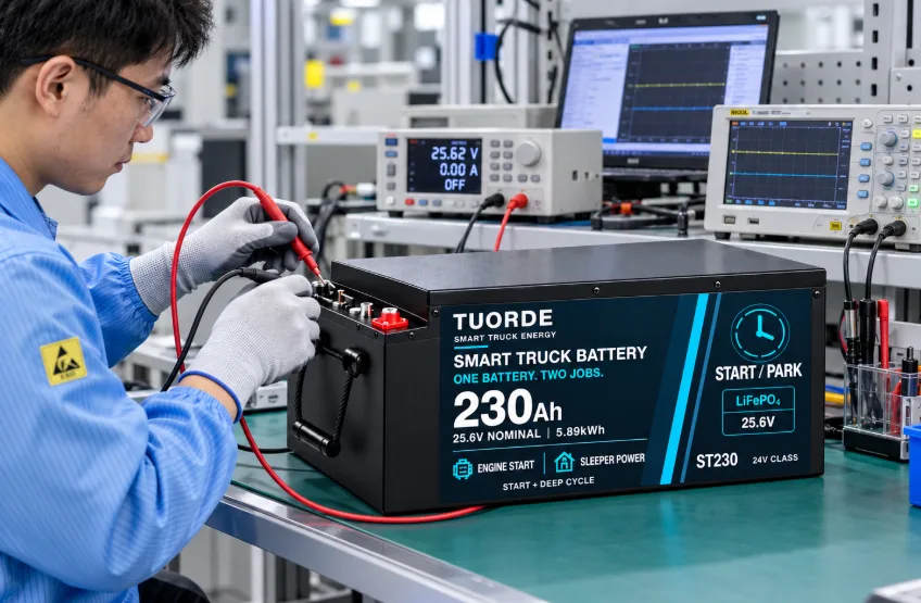 Illustration of a technician checking TUORDE ST230 25.6V 230Ah battery terminals beside laboratory test instruments