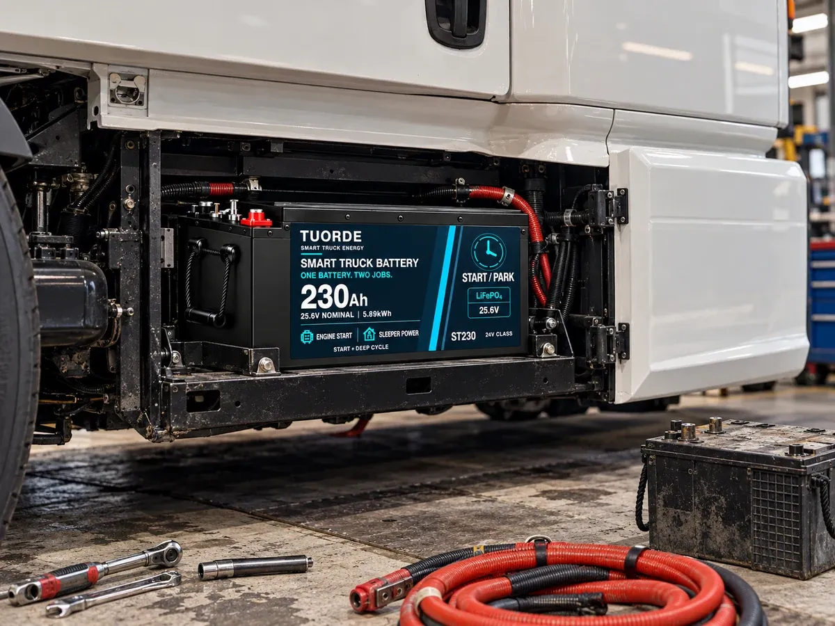 TUORDE ST230 Truck Starting & Parking Battery Application Illustration TUORDE ST230 25.6V 230Ah LiFePO4 truck starting and parking battery replacement in a commercial truck compartment, application illustration