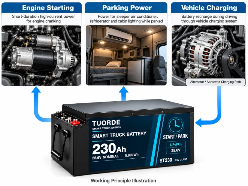TUORDE ST230 25.6V 230Ah truck battery concept illustrating engine starting, sleeper-cabin loads and vehicle charging