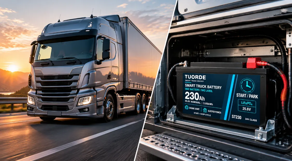 TUORDE ST230 24V 230Ah Truck Starting and Parking Battery Application Application illustration of a heavy-duty truck and TUORDE ST230 24V 230Ah lithium battery in its battery compartment