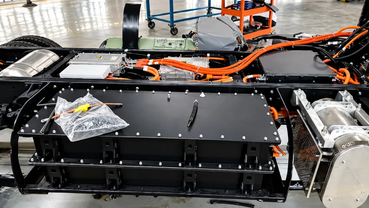 Electric truck battery-pack installation reference showing chassis mounting and orange high-voltage cables