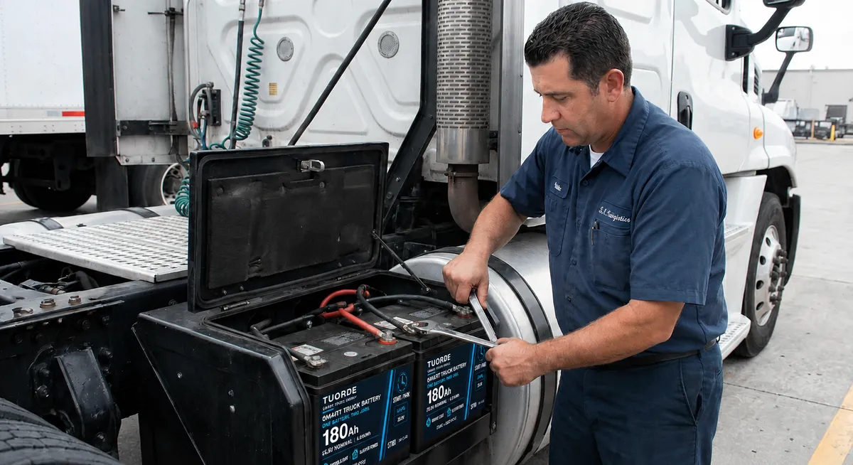 Truck Starting and Parking Battery Installation Review | TUORDE Technician inspecting a truck starting and parking battery inside the vehicle battery compartment