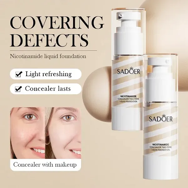 🌸✨ Sadoer Natural Two-Tone Liquid Concealer & Foundation – 35ml 🍑💧 Nicotinamide Infused