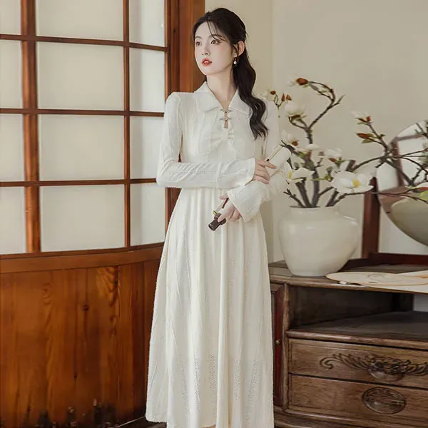 Soft Girl Lace Midi Dress with Cute Collar Energy 🎀🕊️