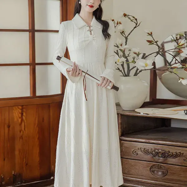 Soft Girl Lace Midi Dress with Cute Collar Energy 🎀🕊️