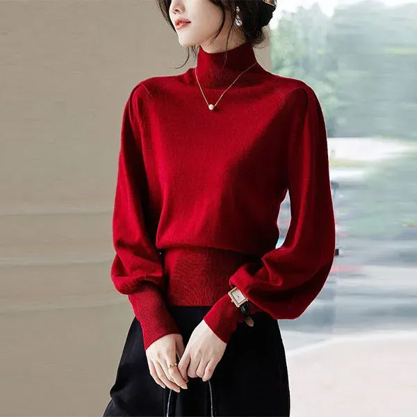 ❤️ Elegant Red Mock Neck Long Sleeve Knit Sweater with Puff Sleeves ✨
