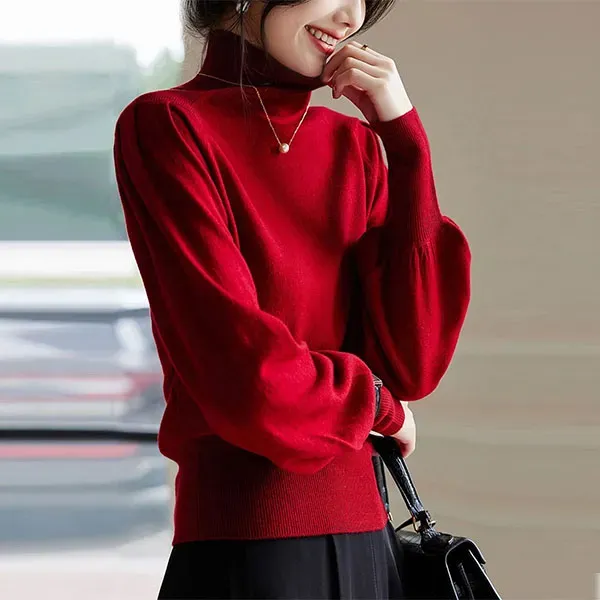 ❤️ Elegant Red Mock Neck Long Sleeve Knit Sweater with Puff Sleeves ✨