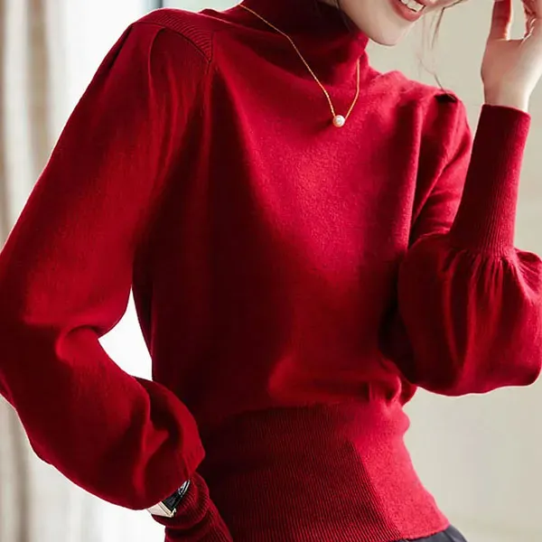 ❤️ Elegant Red Mock Neck Long Sleeve Knit Sweater with Puff Sleeves ✨