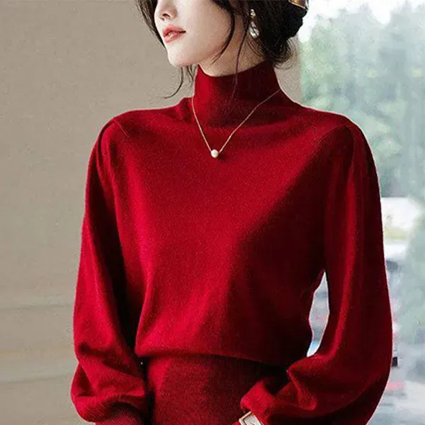 ❤️ Elegant Red Mock Neck Long Sleeve Knit Sweater with Puff Sleeves ✨