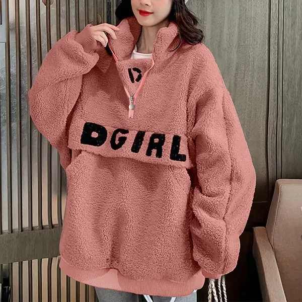 💗 Women’s Pink High-Neck Oversized Fleece Half-Zip Pullover ❄️