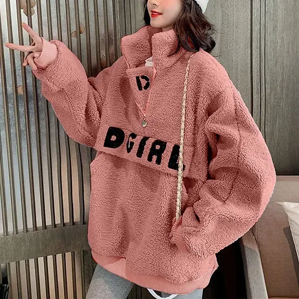 💗 Women’s Pink High-Neck Oversized Fleece Half-Zip Pullover ❄️