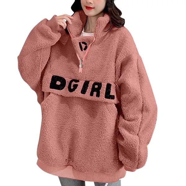 💗 Women’s Pink High-Neck Oversized Fleece Half-Zip Pullover ❄️