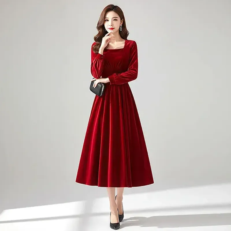 Retro Velvet Square Neck Long Sleeves Knee Length Christmas Red Dress