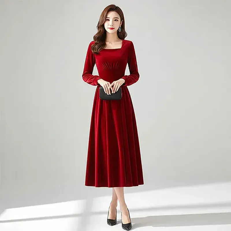 Retro Velvet Square Neck Long Sleeves Knee Length Christmas Red Dress