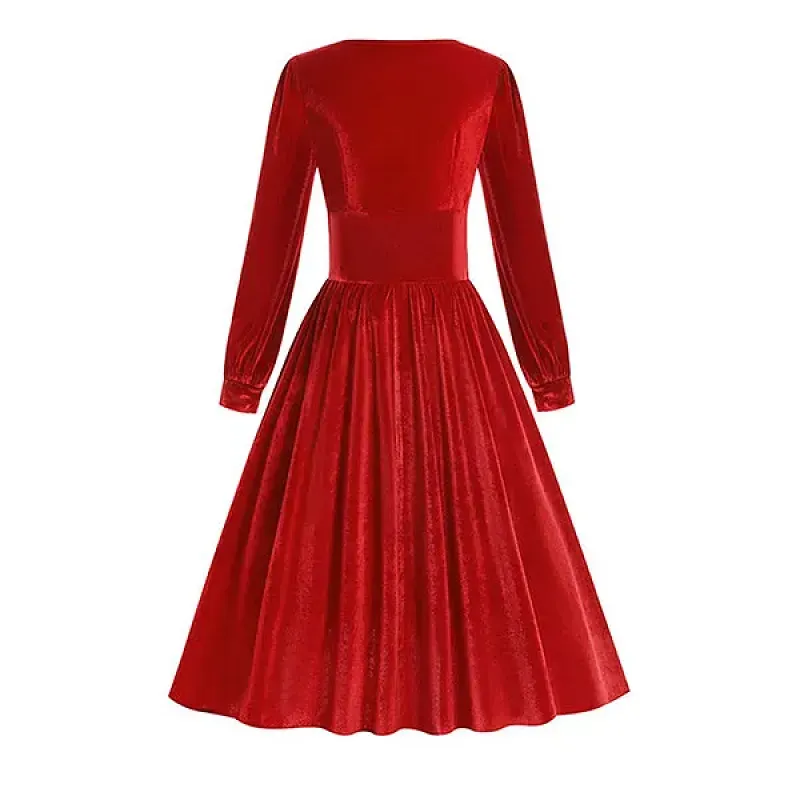 Retro Velvet Square Neck Long Sleeves Knee Length Christmas Red Dress