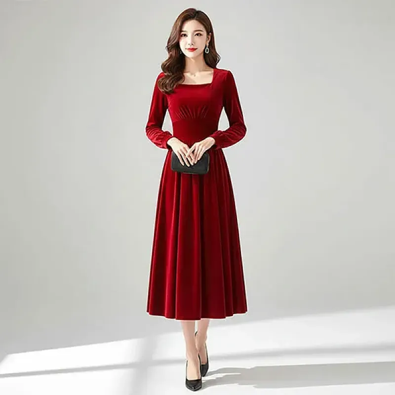 Retro Velvet Square Neck Long Sleeves Knee Length Christmas Red Dress