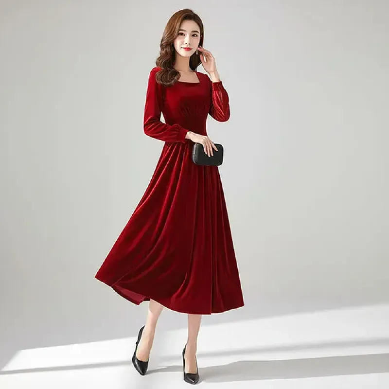 Retro Velvet Square Neck Long Sleeves Knee Length Christmas Red Dress