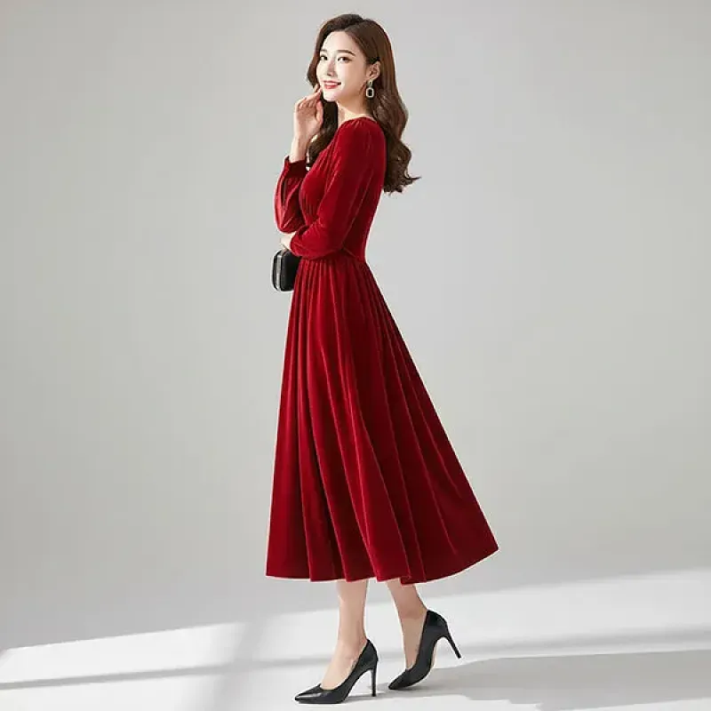 Retro Velvet Square Neck Long Sleeves Knee Length Christmas Red Dress