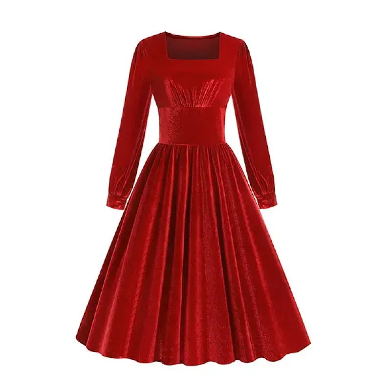 Retro Velvet Square Neck Long Sleeves Knee Length Christmas Red Dress
