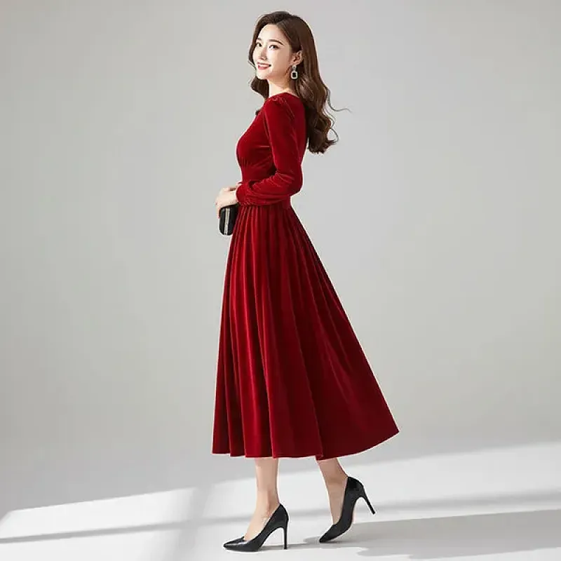 Retro Velvet Square Neck Long Sleeves Knee Length Christmas Red Dress