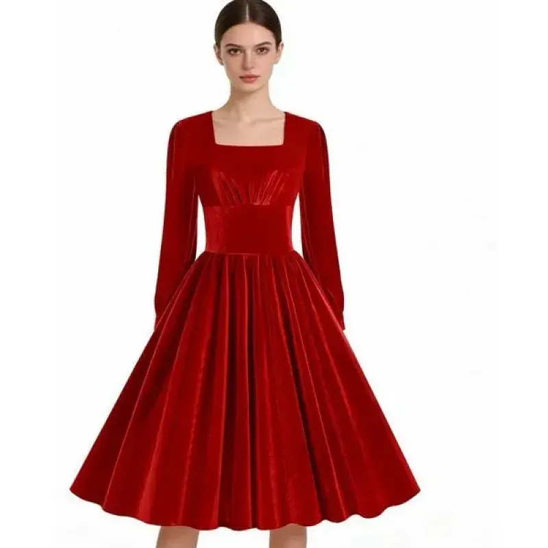 Retro Velvet Square Neck Long Sleeves Knee Length Christmas Red Dress