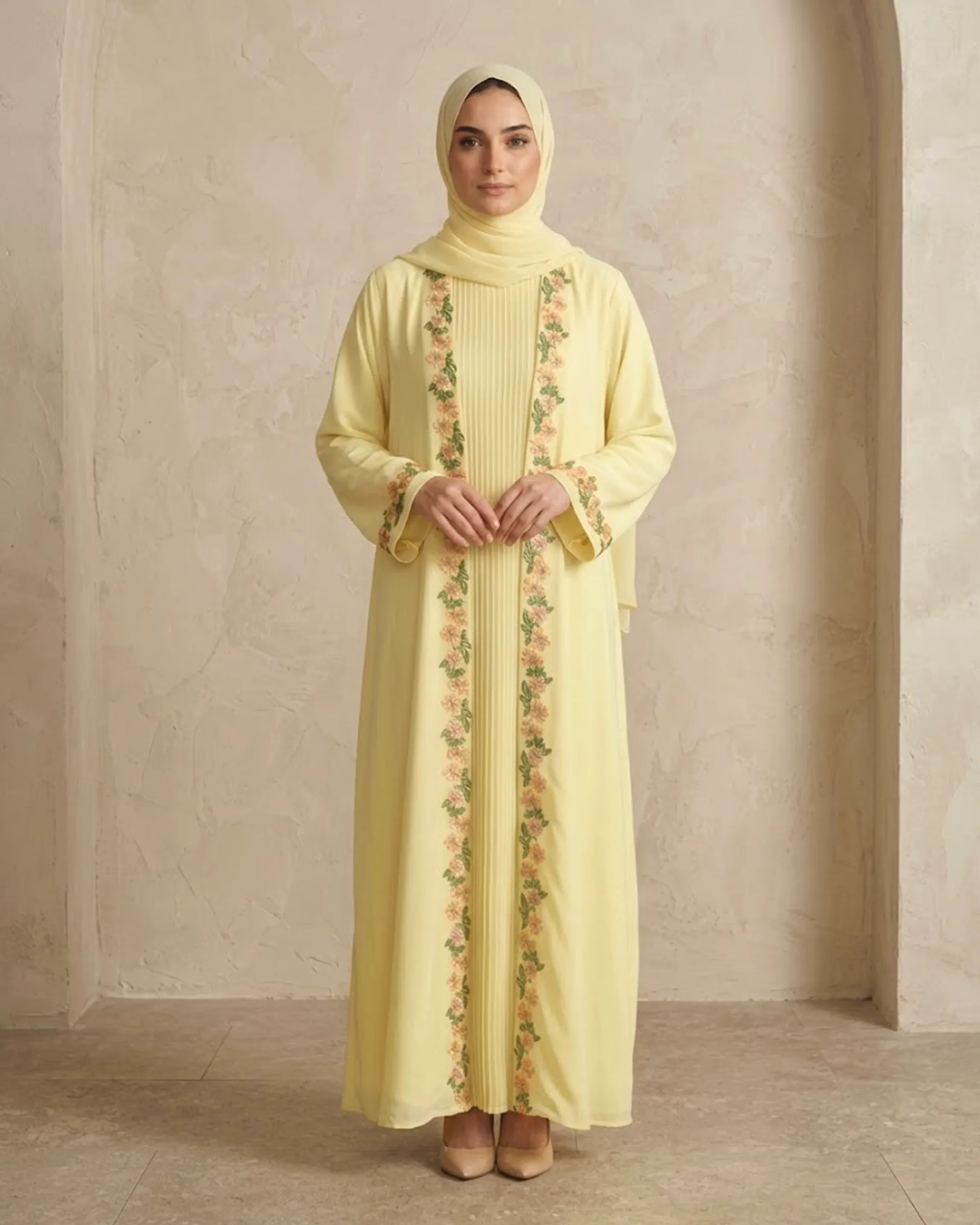 3 In 1 Pastel Yellow Floral Embroidered Pleated Abaya With Scarf For Women