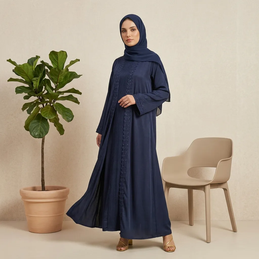 3 Pieces Premium Royal Blue Abaya Set With Inner Pleated Slip Dress And Sheila