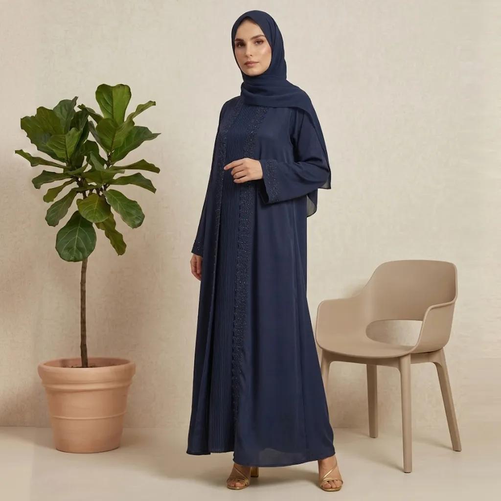 3 Pieces Premium Royal Blue Abaya Set With Inner Pleated Slip Dress And Sheila