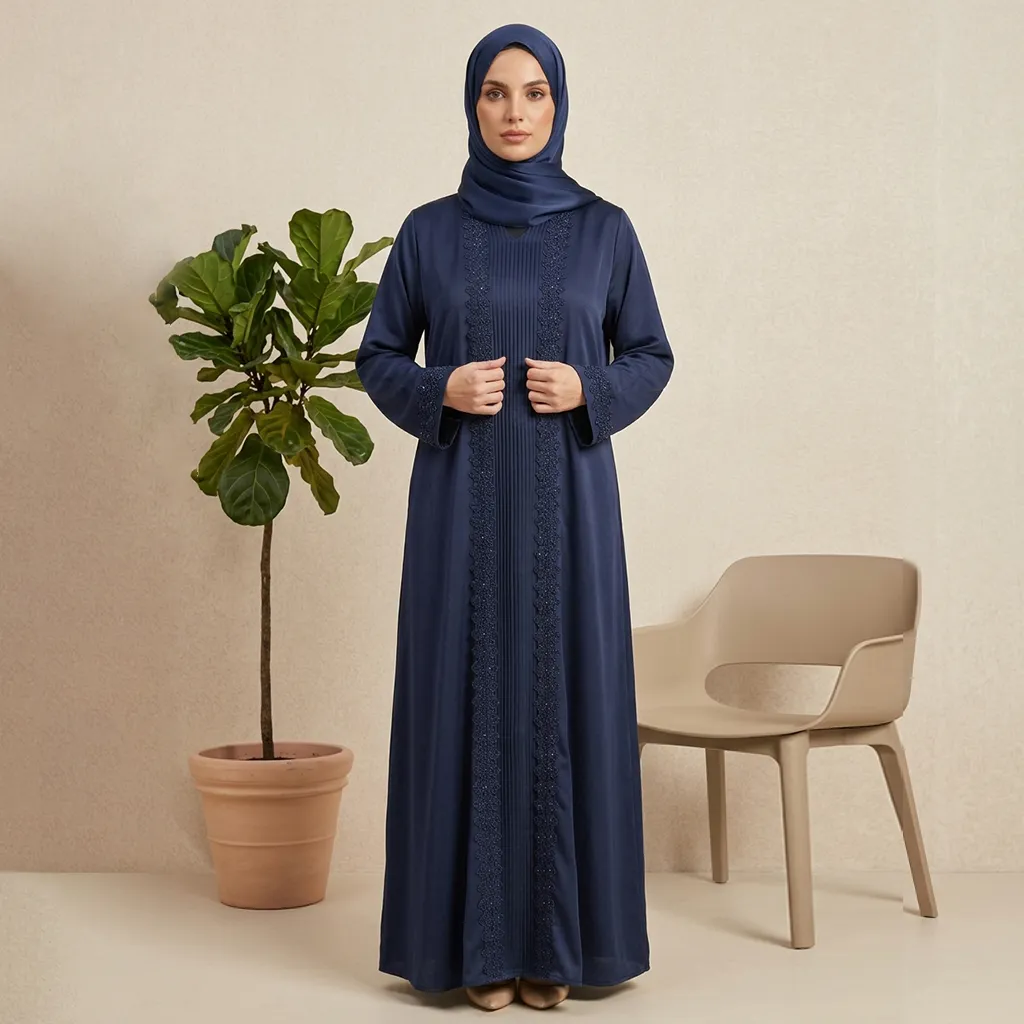 3 Pieces Premium Royal Blue Abaya Set With Inner Pleated Slip Dress And Sheila