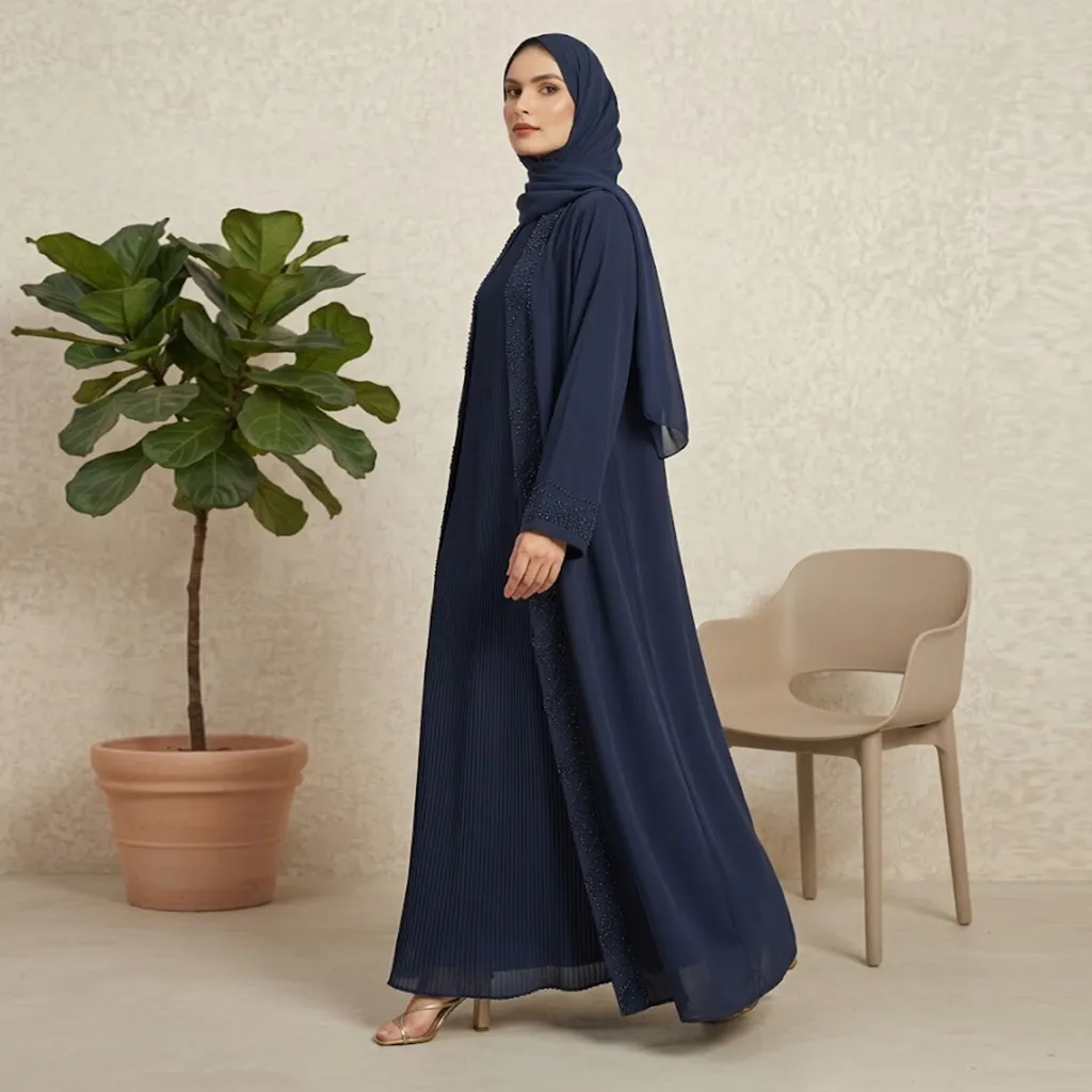 3 Pieces Premium Royal Blue Abaya Set With Inner Pleated Slip Dress And Sheila