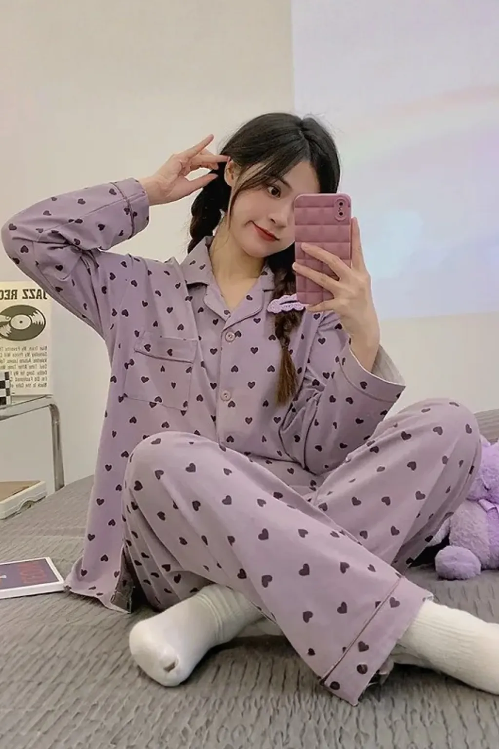 Heart Patterned Women's Pajama Set Soft Fabric Girl's Pajam Two Piecs Set