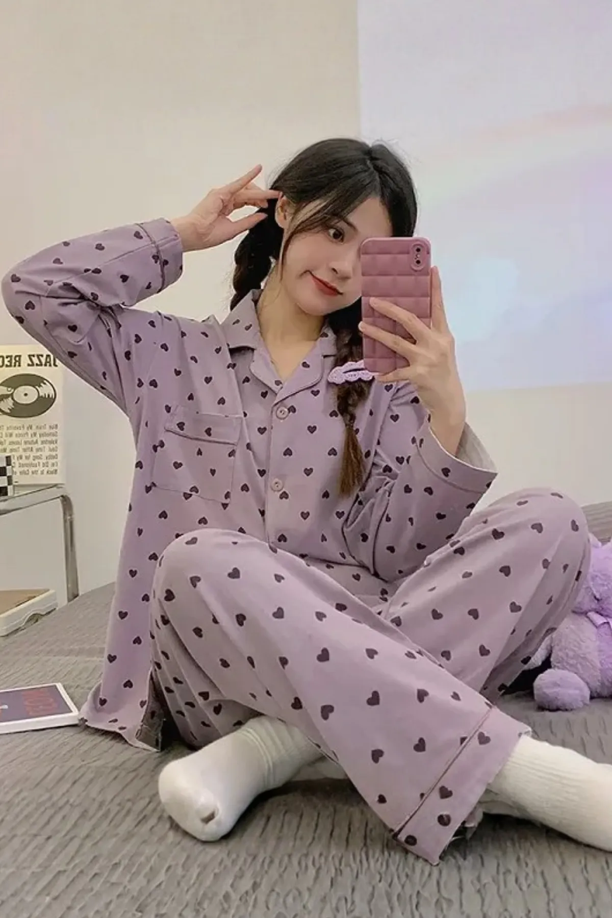 Heart Patterned Women's Pajama Set Soft Fabric Girl's Pajam Two Piecs Set