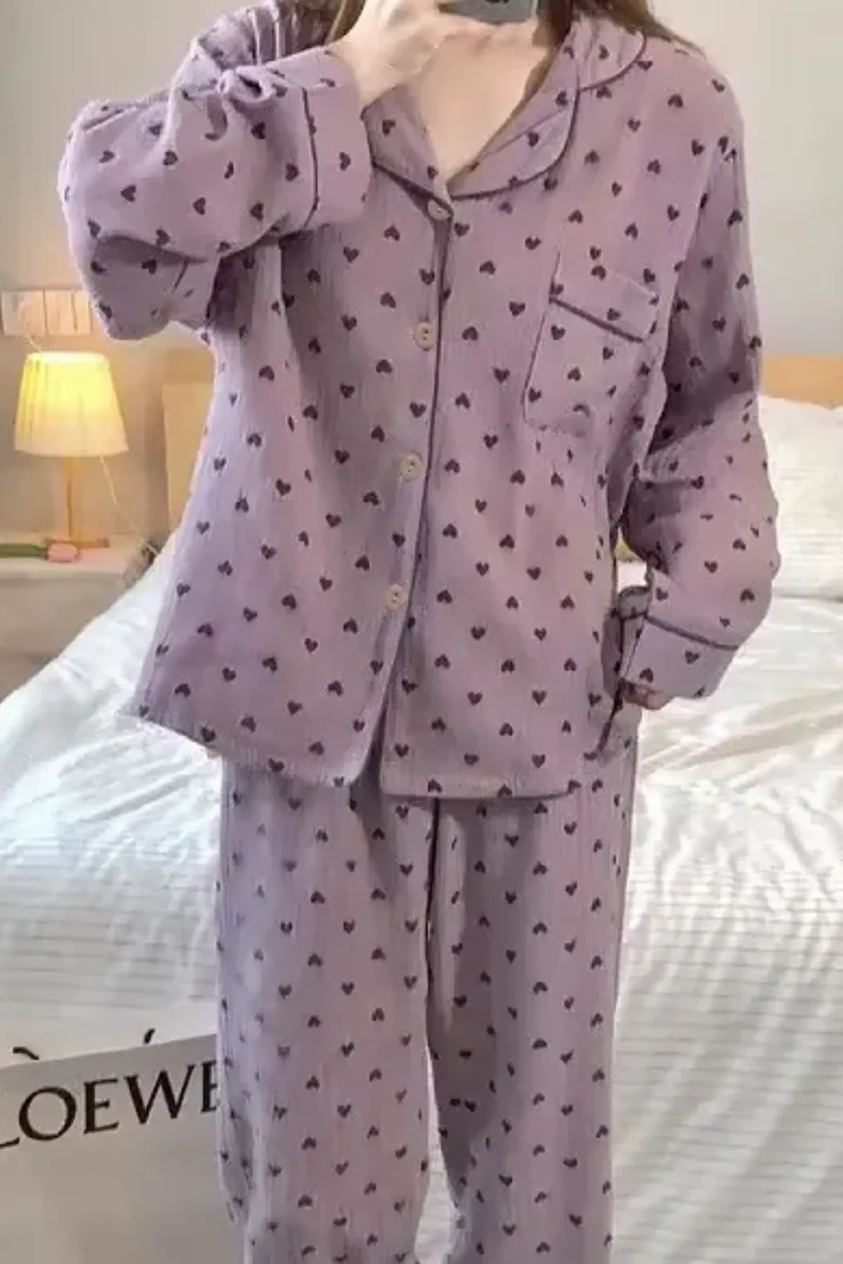 Heart Patterned Women's Pajama Set Soft Fabric Girl's Pajam Two Piecs Set