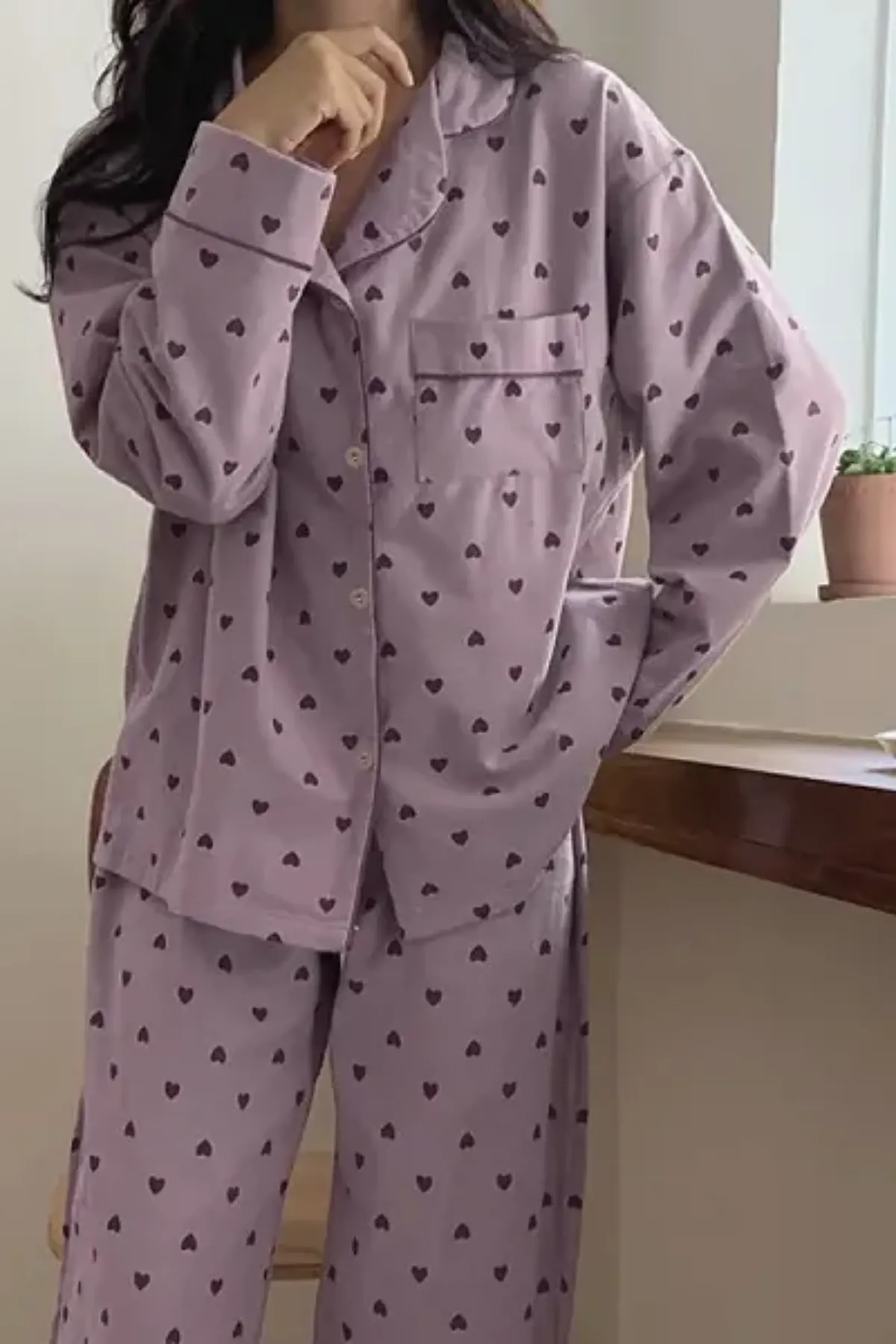 Heart Patterned Women's Pajama Set Soft Fabric Girl's Pajam Two Piecs Set