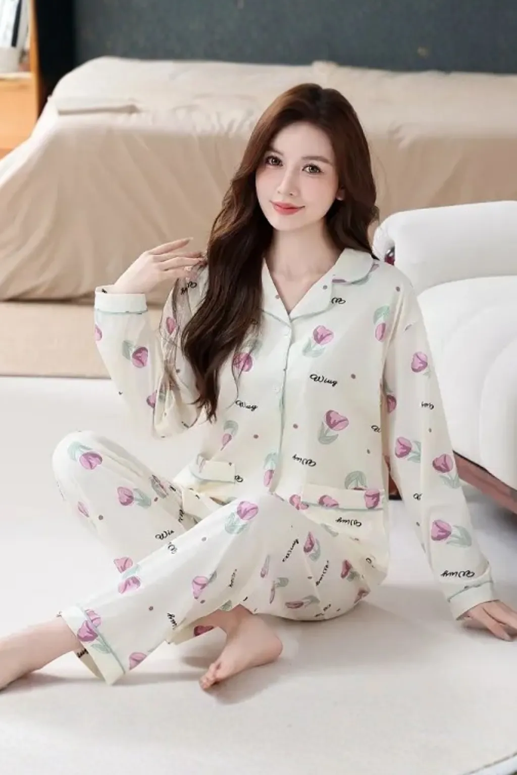 Cozy Tulip Pattern Women's Home Lounge Night Sleepwear Two Piece Pajama Set