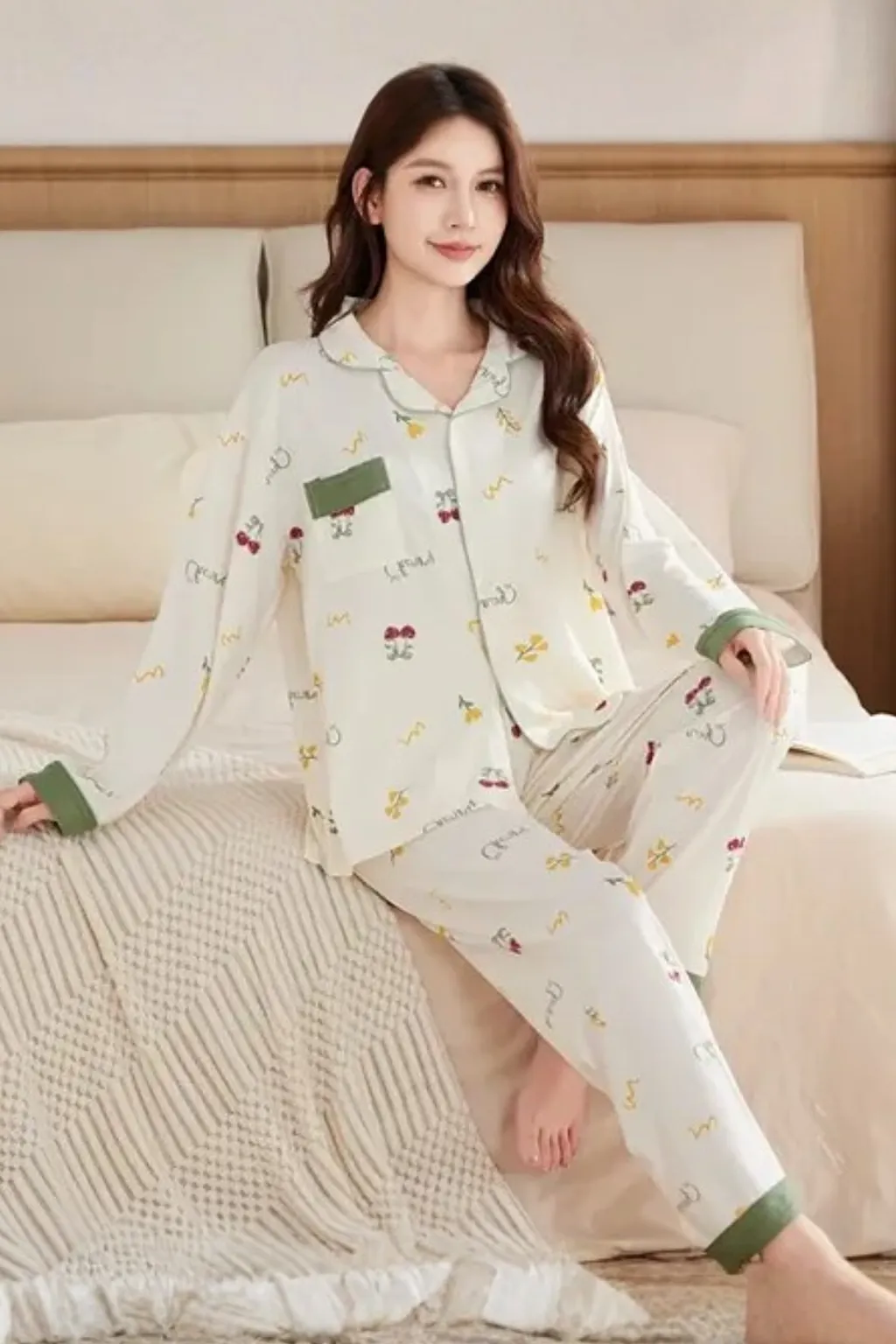 Cozy Cherry Print Pajama Set For Womens Two Pieces Lounge Set