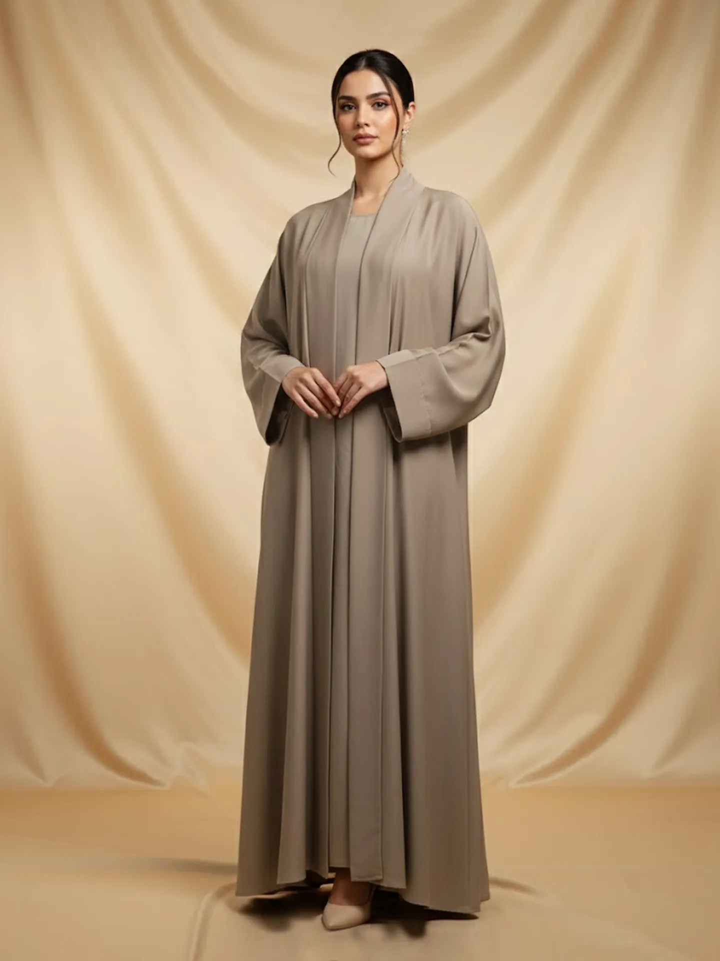Elegant 2 Piece Abaya Set For Women's Flowy Open Muslim Arabic Long Khaki Abaya With Inner Dress