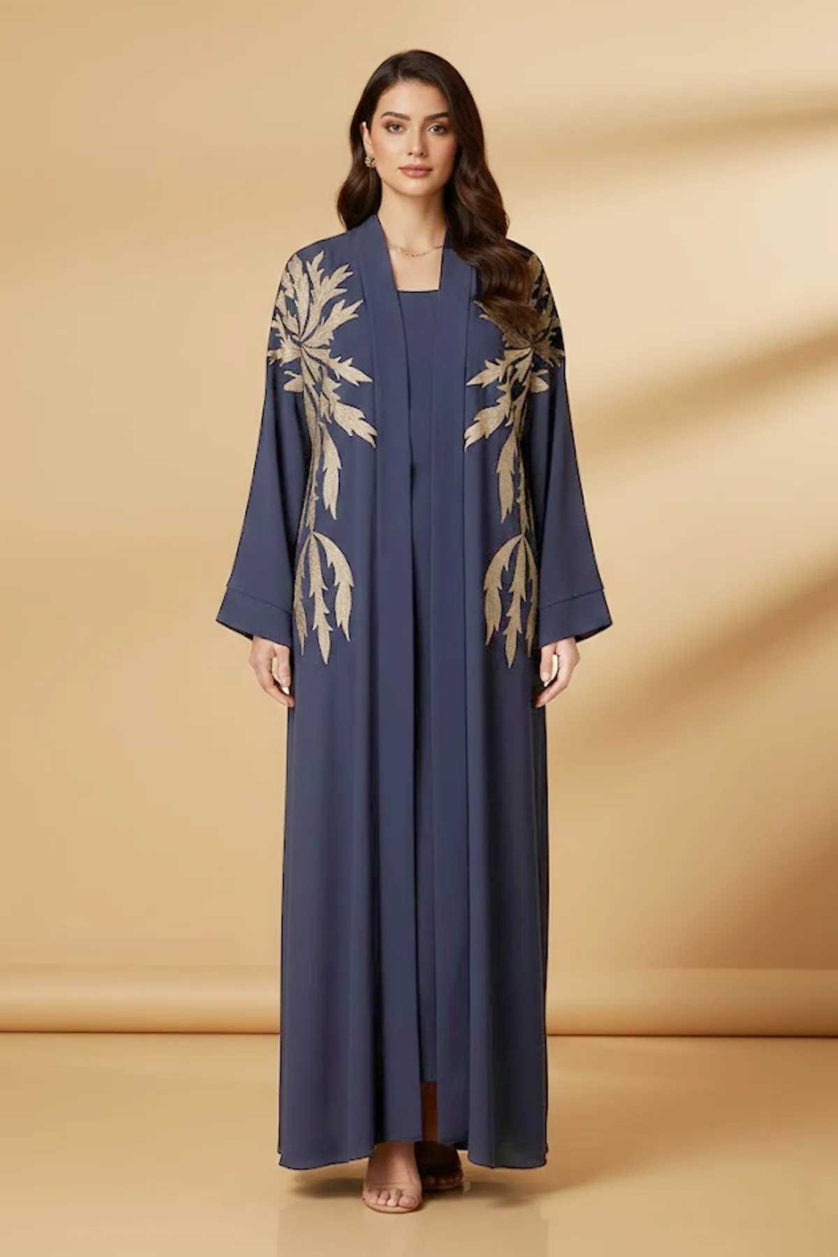 2 Pieces Women’s Navy Blue Open Abaya And Inner With Gold Leaf Embroidery Long Sleeve Muslim Abaya