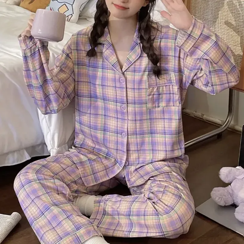 Plaid Pattern Women's Pajama Set Lounge Wear Girl's Pajama Set