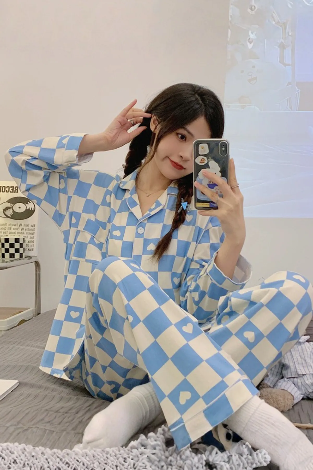 Women's Pajama Set Checkered Pattern With Heart Accents Girls Pajama