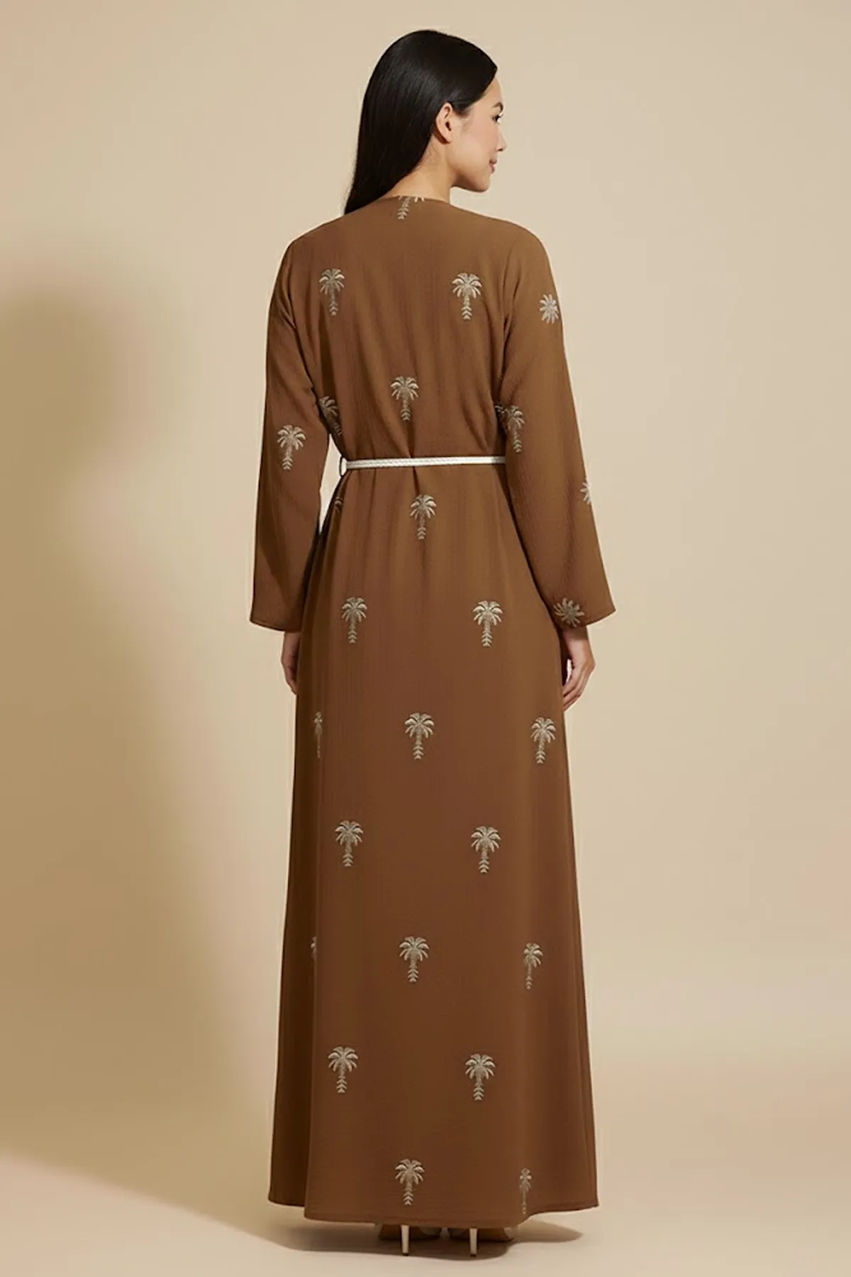 2 Pieces Palm Pattern Embroidery Women's Abaya With Inner Set Arabic Muslim Casual Abaya Dress